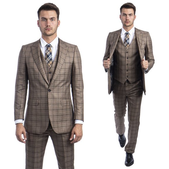 Tazzio Other - Brown Plaid 3pc Mens Slim Fit Suit by Tazio